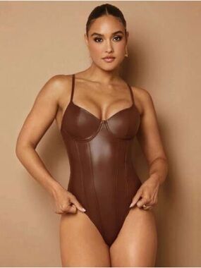 Sleek Brown Faux-Leather Bodysuit